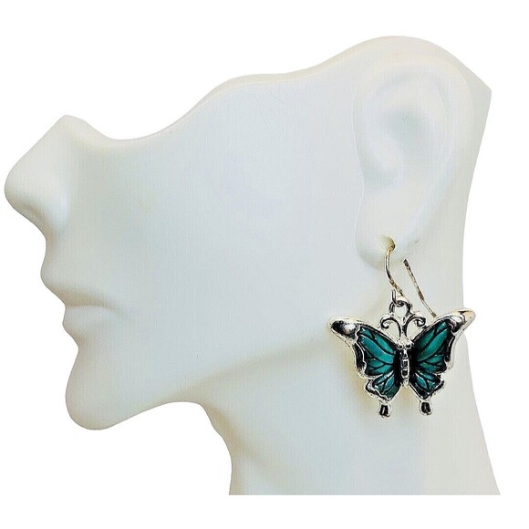 Green Butterfly Dangle Earrings 7/8" Silver Tone Fairycore Whimsical - Picture 2 of 9